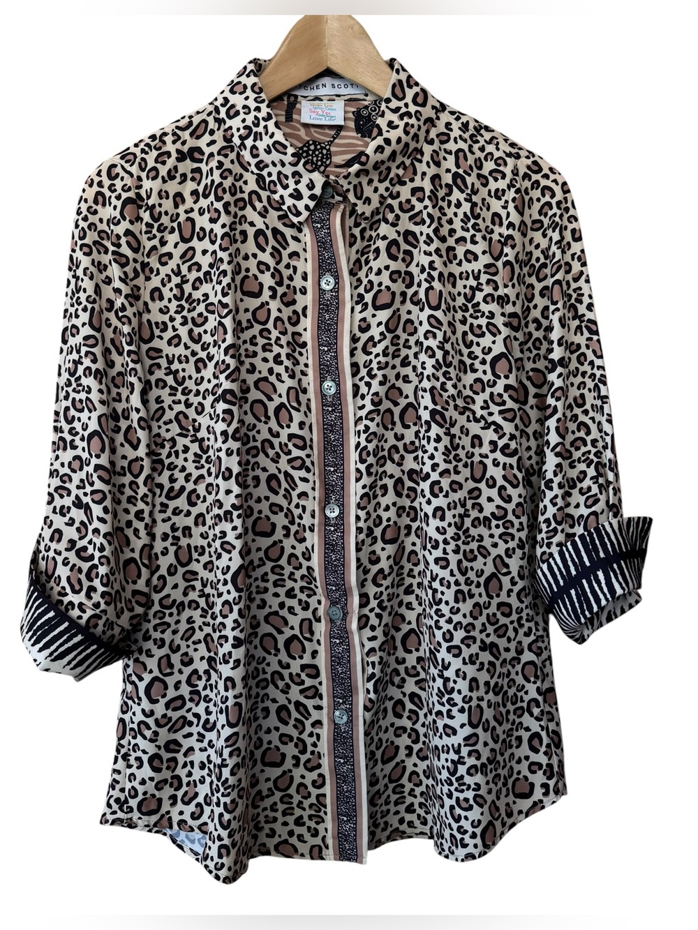 Gretchen Scott Leopard Animal Print Chiffon Blouse Top Button Shirt Small